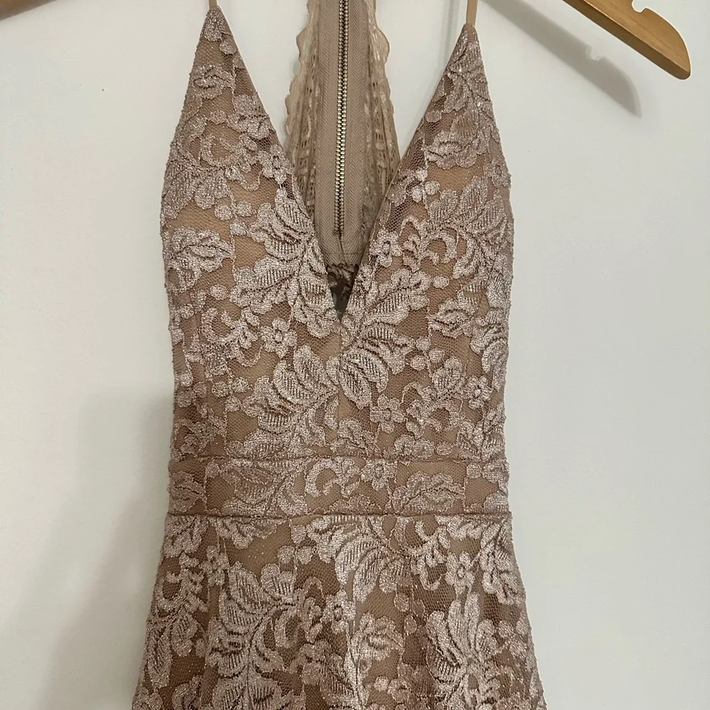 Emerald Sundae by Macy’s khaki lace shimmer mini dress with zip up back NWT - Picture 3 of 17